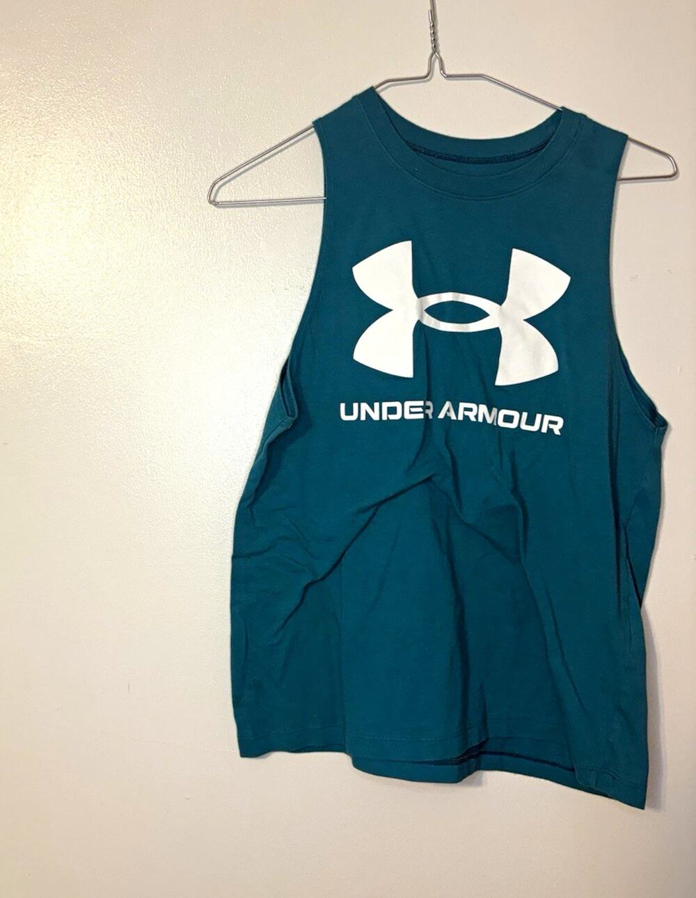 Under Armour Women's Activewear Tank Top Teal Logo Loose Fit Crew Neck S